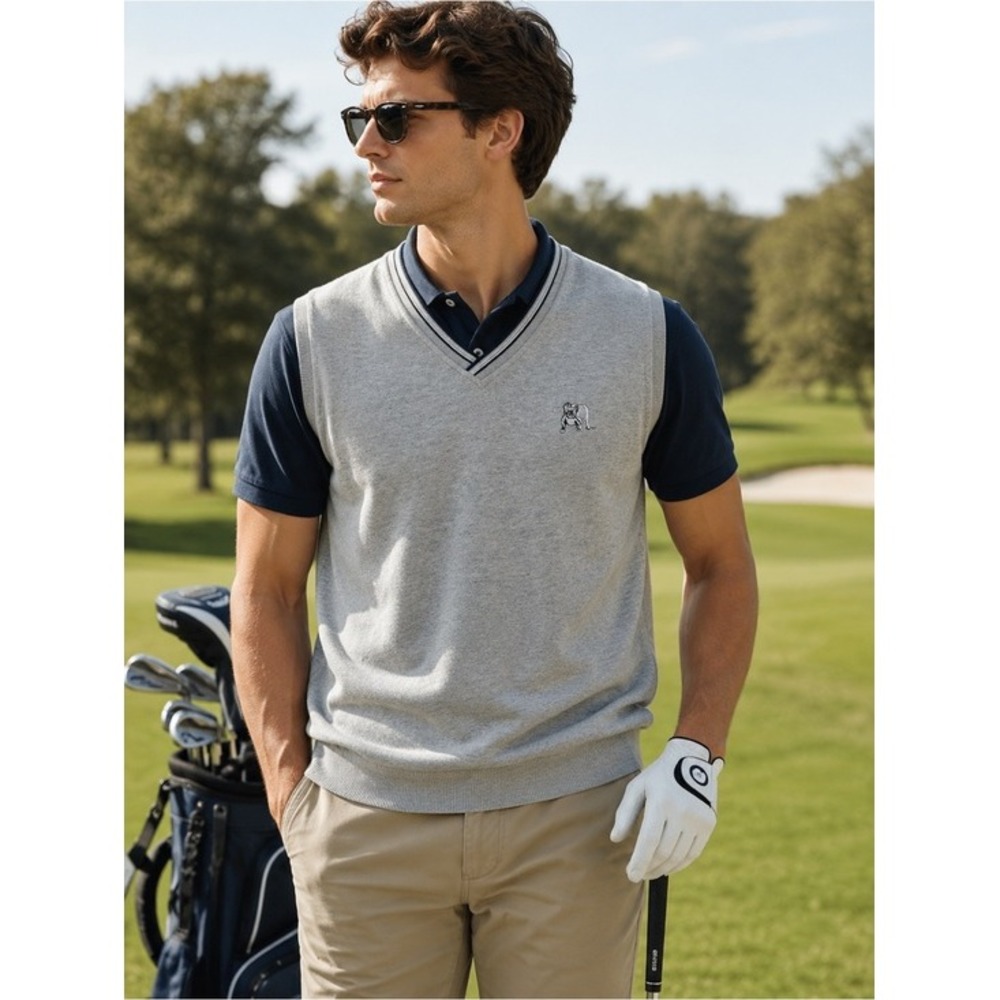 Ashworth Mens Golf Vest Heather Gray V-Neck Bulldog Logo Sweatshirt Vest